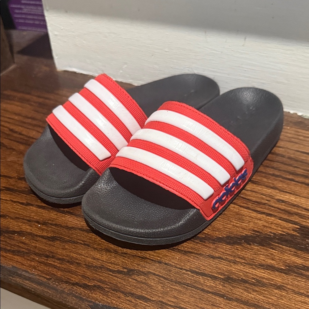 Adidas Kids Black and White Slide Sandals with Red Accents